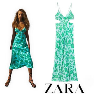 ZARA | Aquamarine | FLORAL MIDI STRAP SATIN EFFECT CUT OUT DRESS